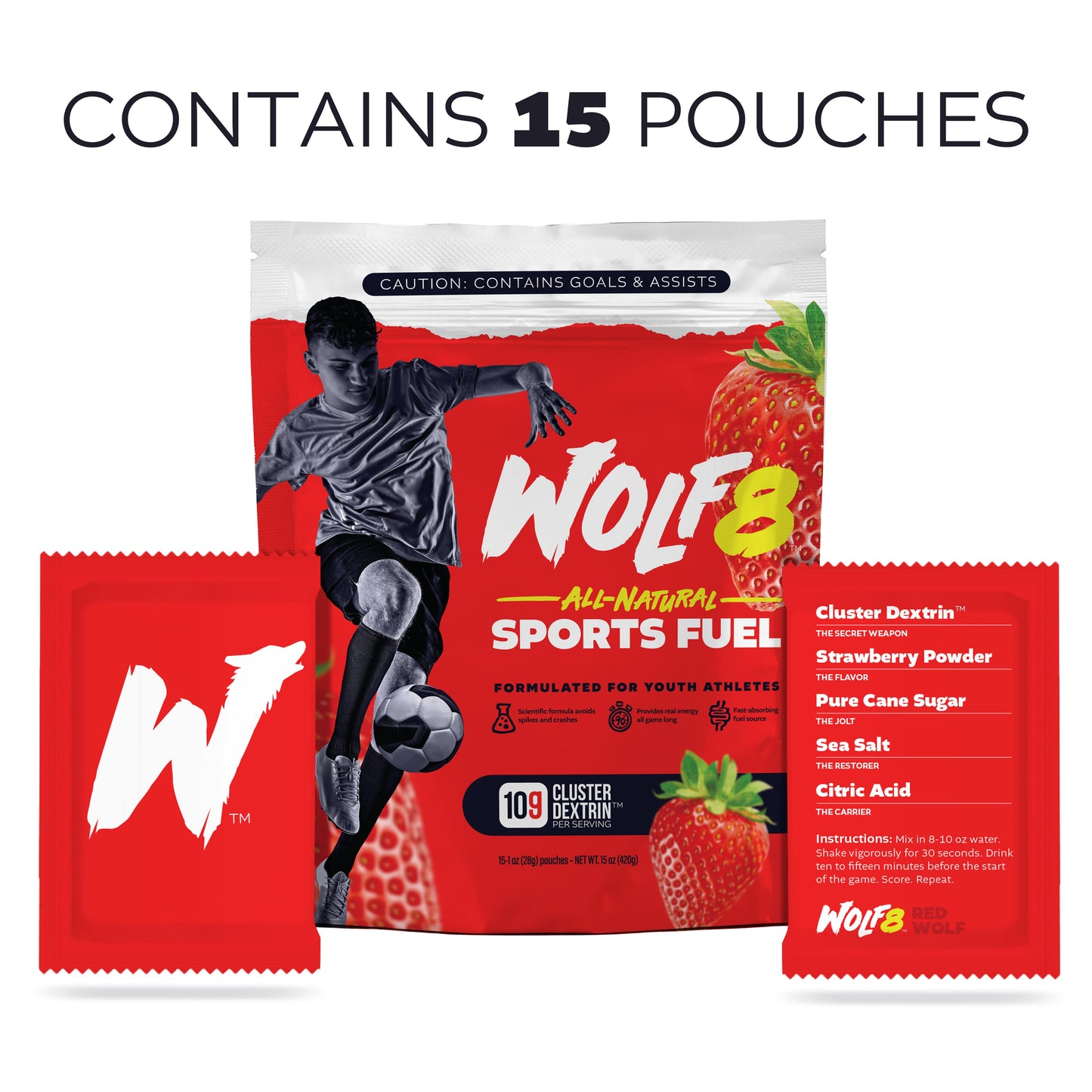 Wolf8 RED. Cluster Dextrin powered Youth Sports pregame Fuel Powder; MOST POPULAR pack (15 Pouches)